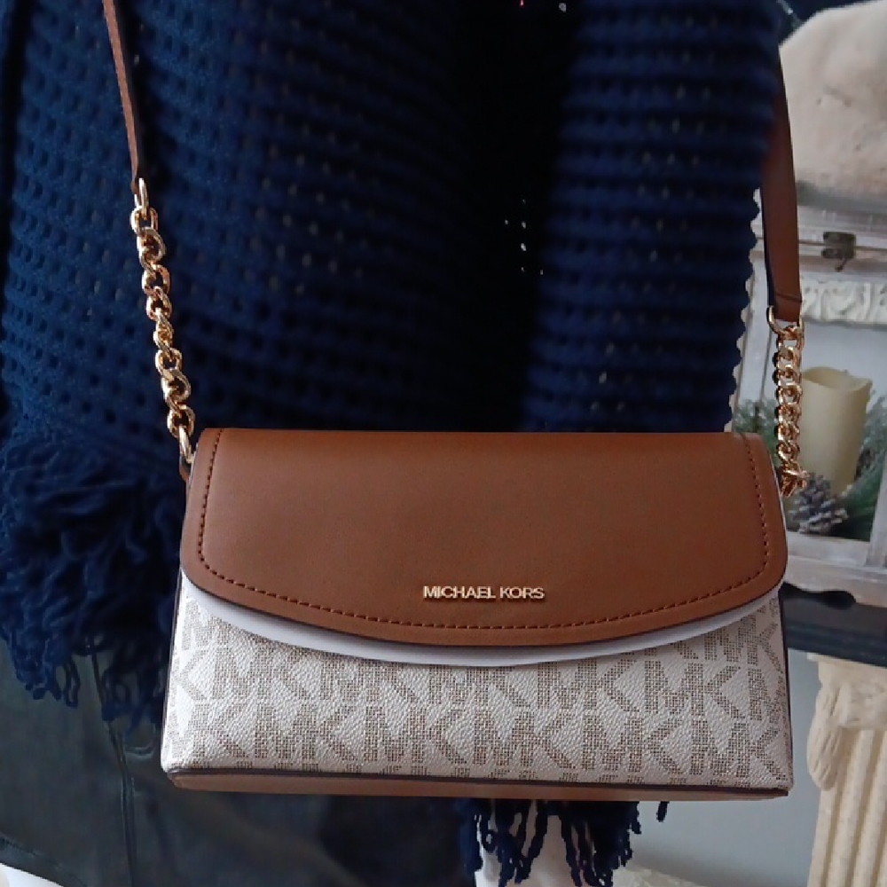 NWOT Michael Kors Tan and Cream Crossbody Bag with Gold Accents